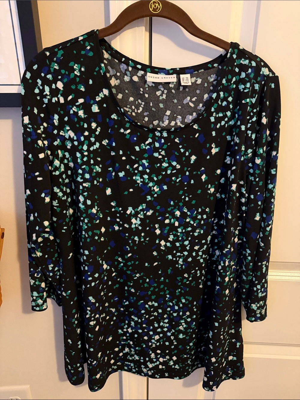 Susan Graver Black Liquid Knit 3/4 Sleeve Swing Top